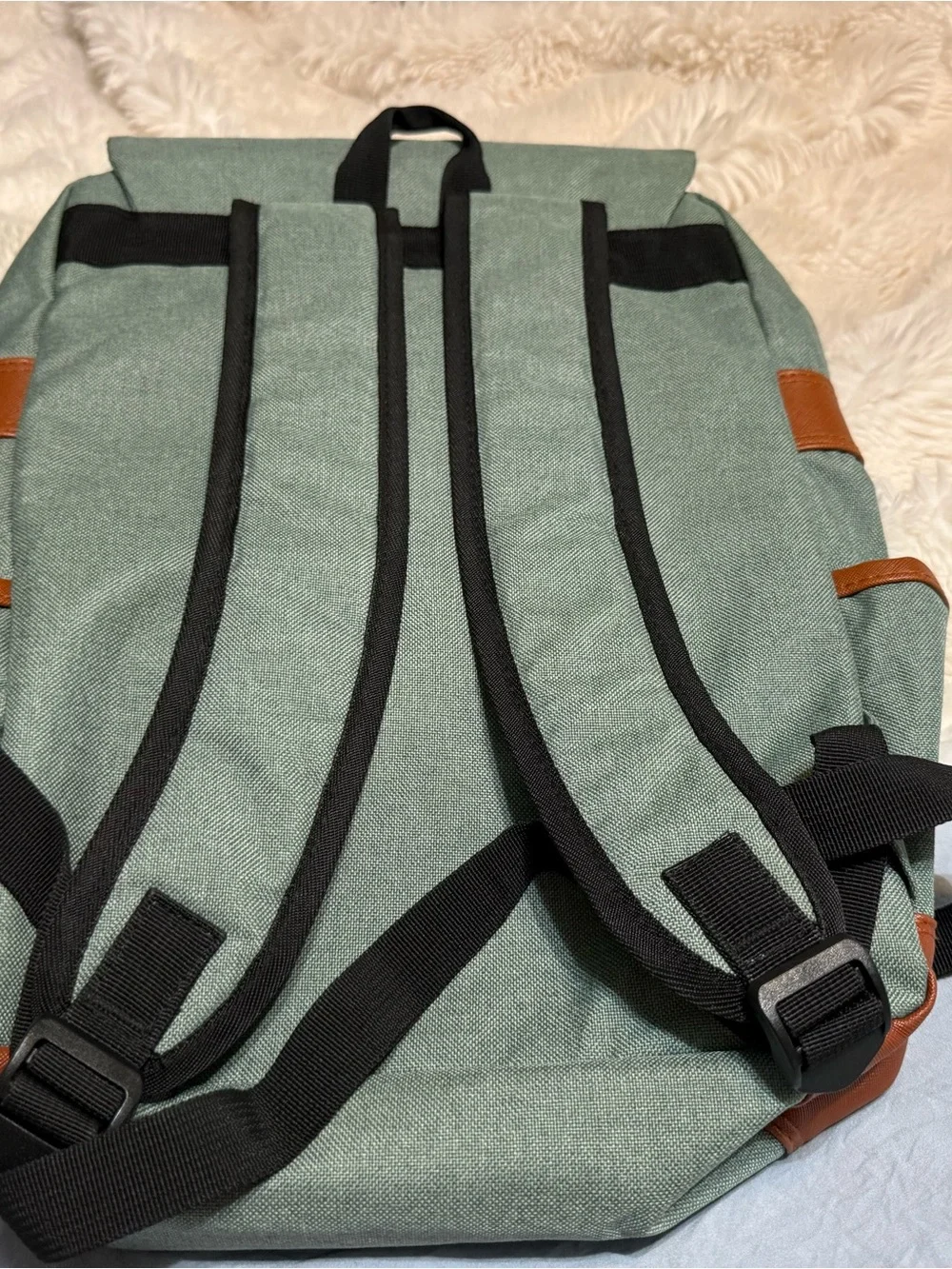 Mansion Sage Green Canvas Laptop Backpack with Brown Leather Trim